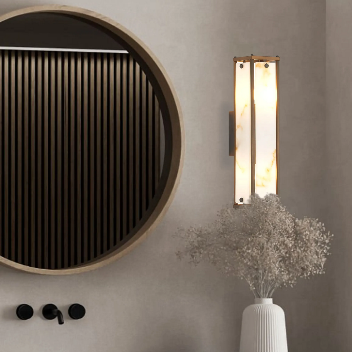 Scarva IP44 400mm Rectangular Wall Light in Bronze with Brown Faux Alabaster