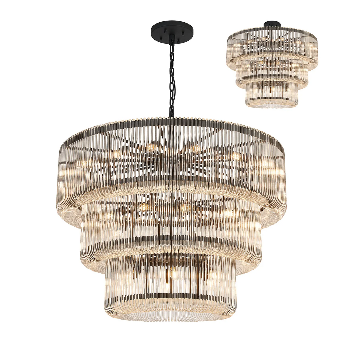 Jevington 1000mm Three Tier Pendant or Semi Flush in Black with Clear Glass