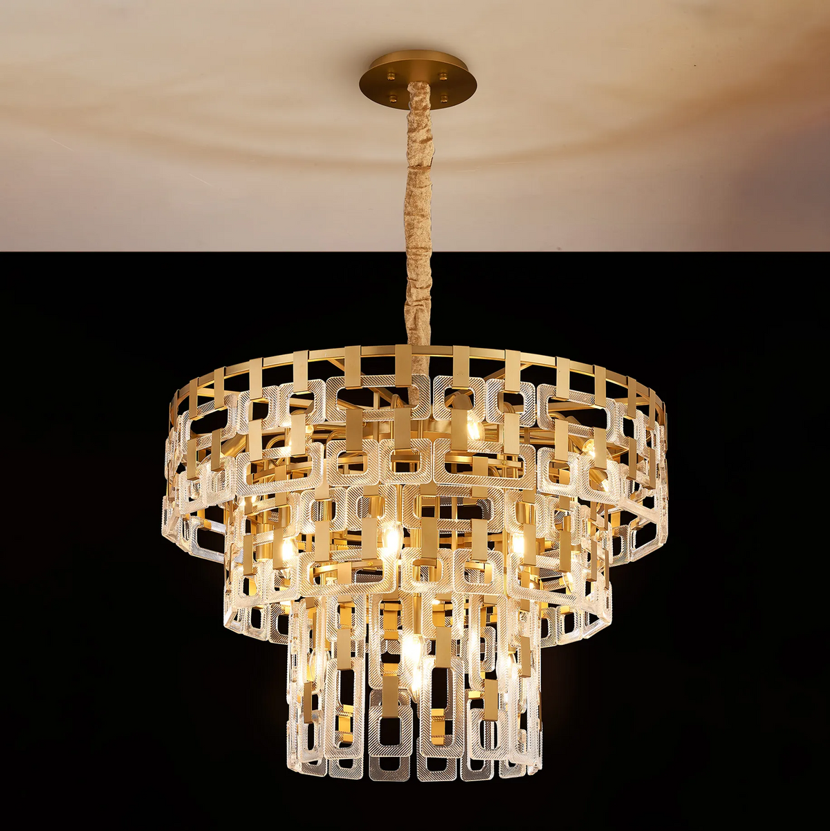 Heptonstall 840mm Three Tier Round Pendant in Matt Gold with Clear Glass