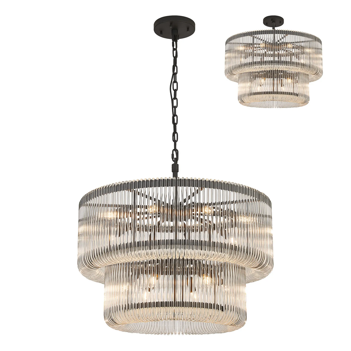 Jevington 780mm Two Tier Pendant or Semi Flush in Black with Smoked Glass