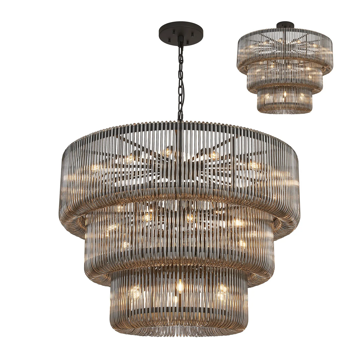 Jevington 1000mm Three Tier Pendant or Semi Flush in Black with Smoked Glass