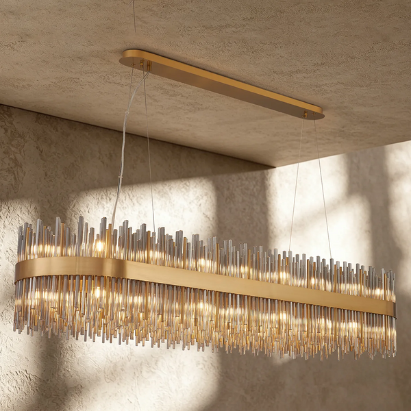 Rectangular chandelier with gold frame and clear glass rods