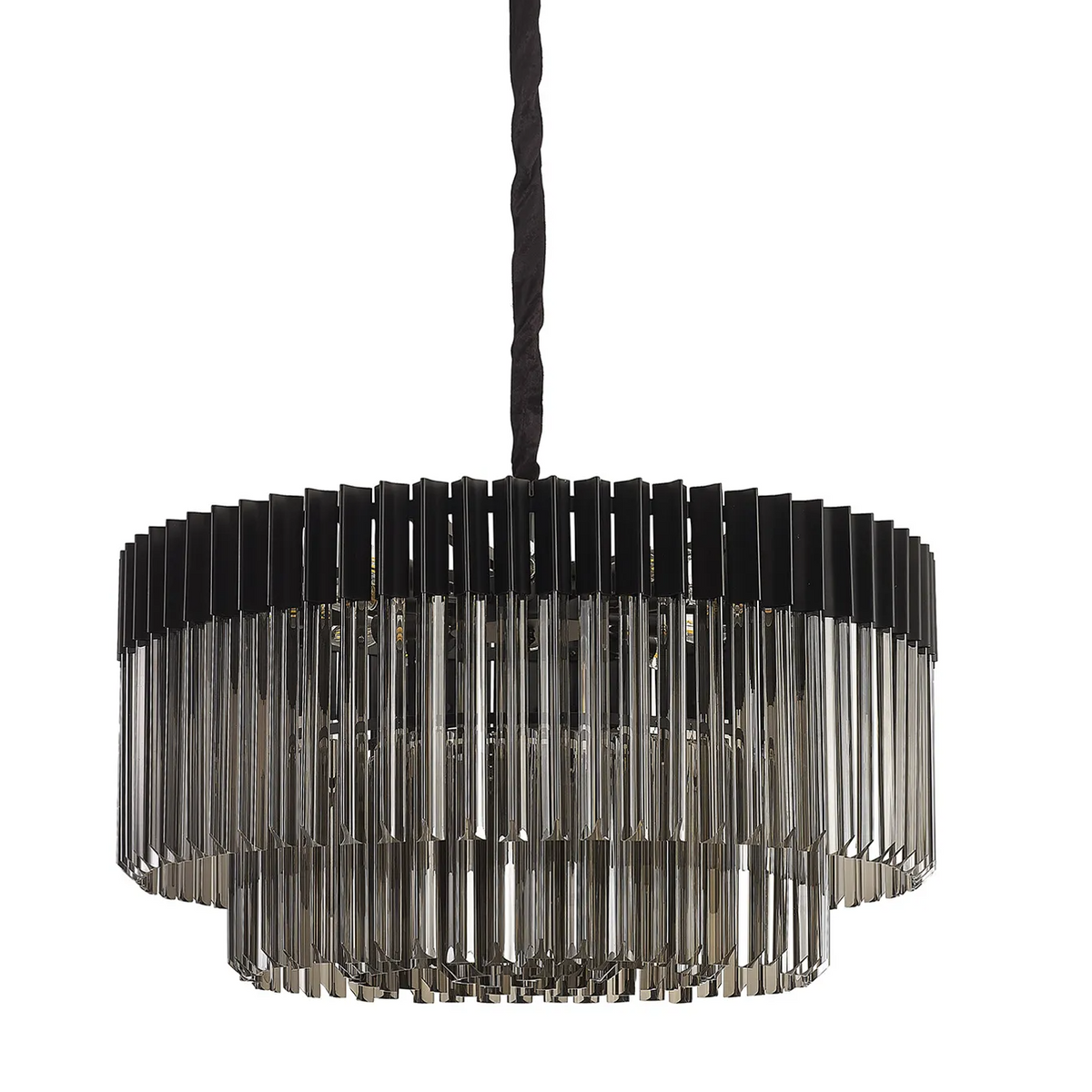 Black and clear tiered chandelier with vertical glass rods