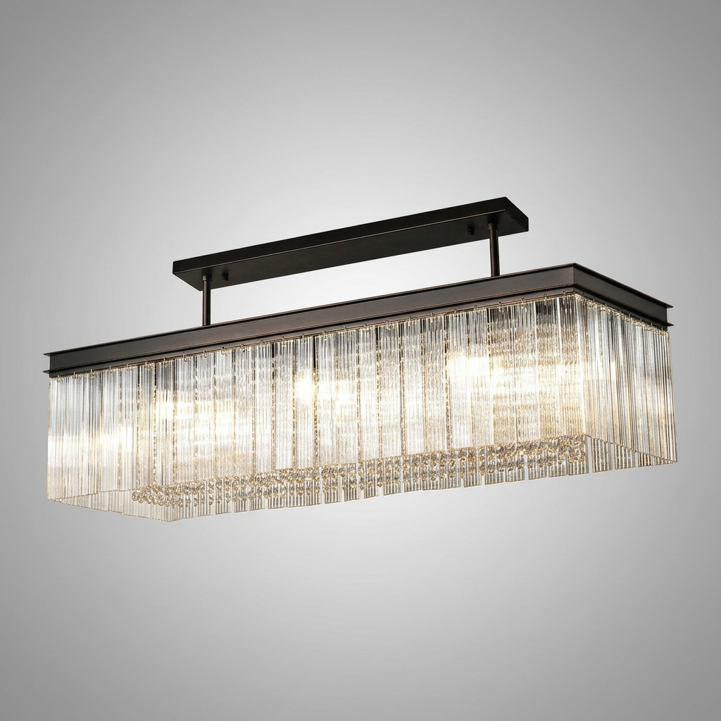 Beesands Linear Pendant or Semi Flush in Brown Oxide with Clear Fluted Glass and Crystals