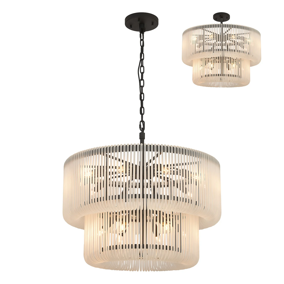 Jevington 780mm Two Tier Pendant or Semi Flush in Black with Frosted Glass