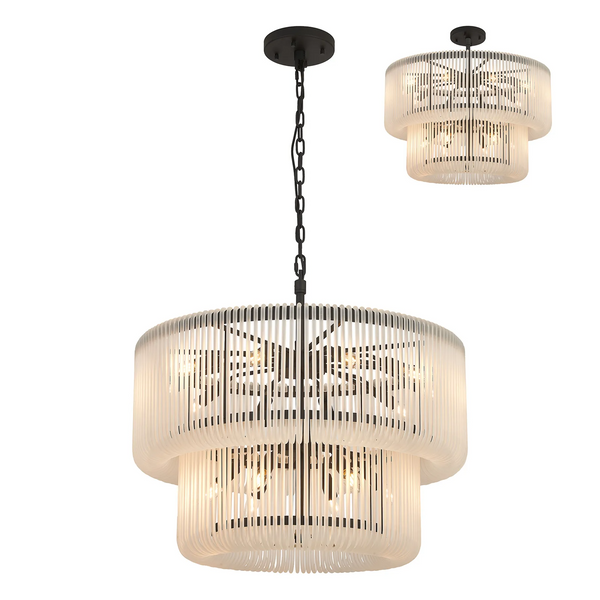 Jevington 780mm Two Tier Pendant or Semi Flush in Black with Frosted Glass