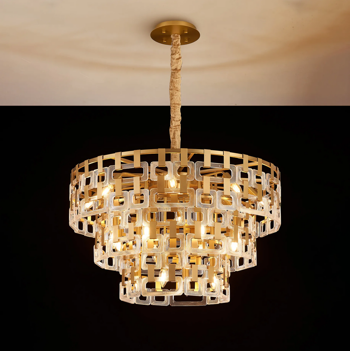 Heptonstall 840mm Three Tier Round Pendant in Matt Gold with Clear Glass