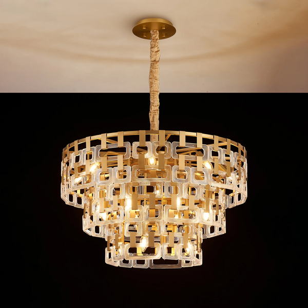 Heptonstall 840mm Three Tier Round Pendant in Matt Gold with Clear Glass