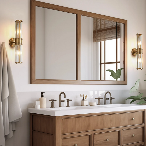 Bathroom vanity with two sinks, a large mirror, and two wall sconces