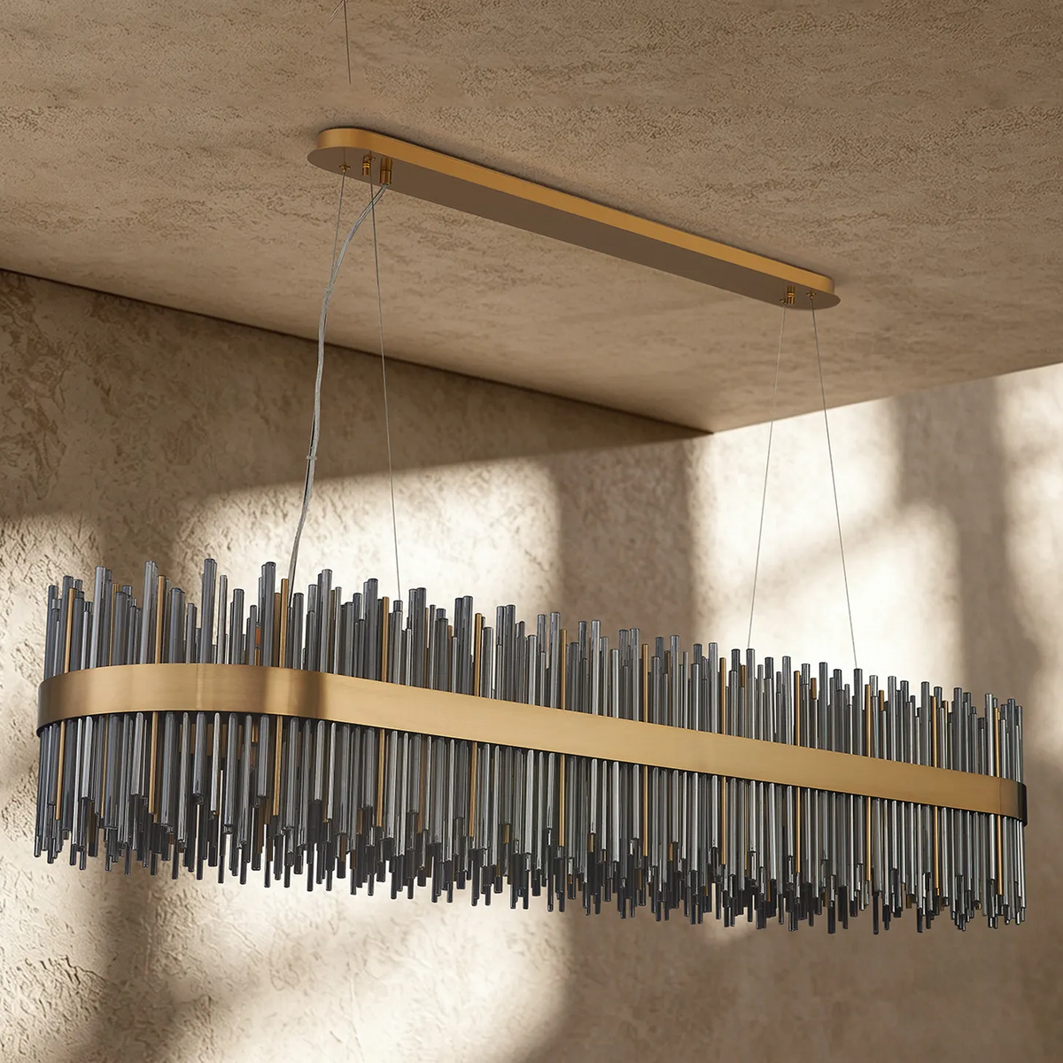 Rectangular chandelier with gold frame and vertical glass rods