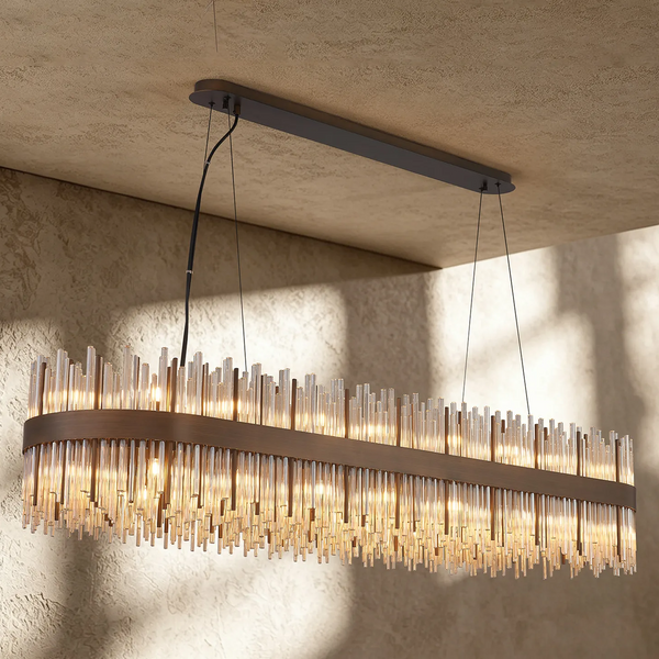 Rectangular chandelier with bronze frame and vertical glass rods