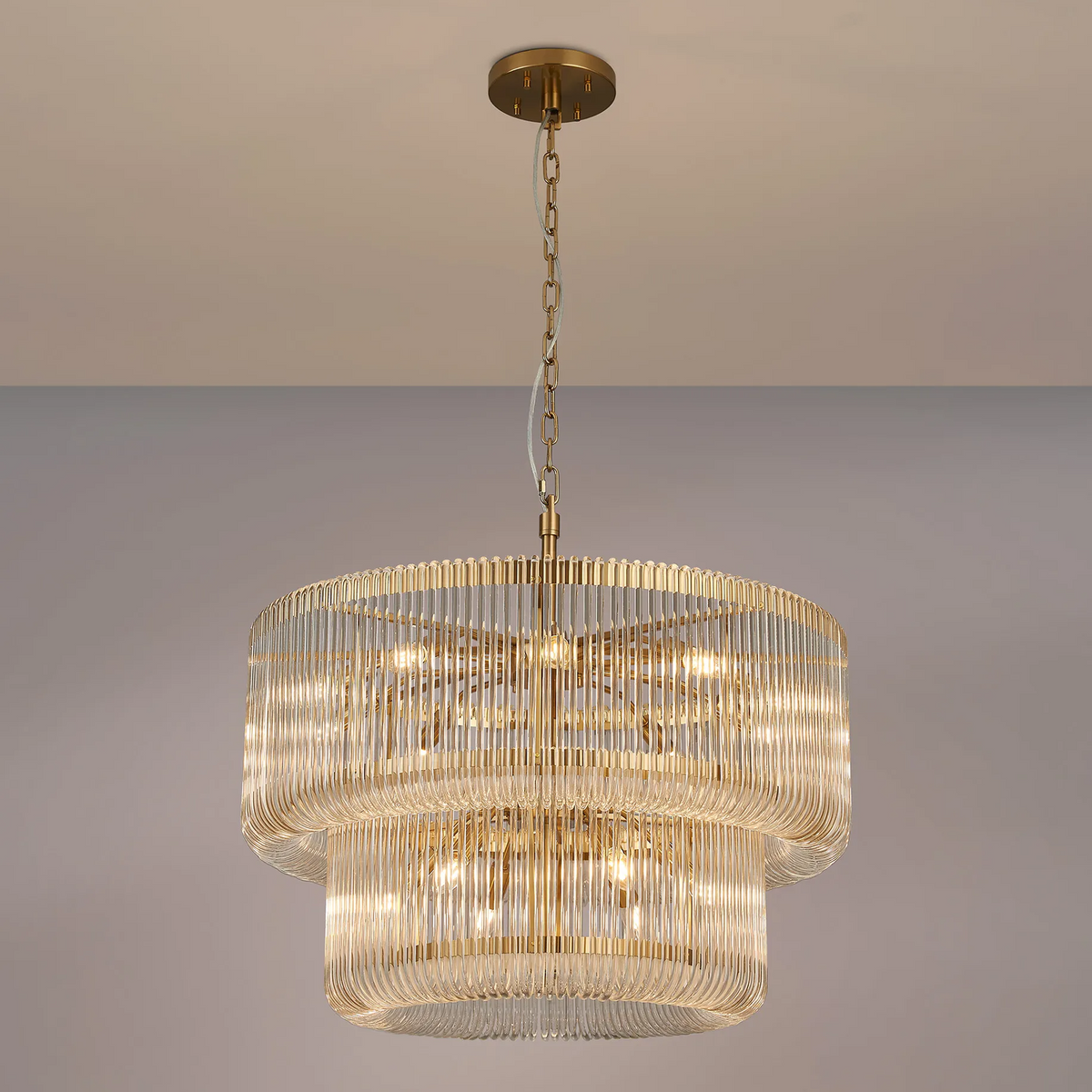 Jevington 780mm Two Tier Pendant or Semi Flush in Brass with Clear Glass