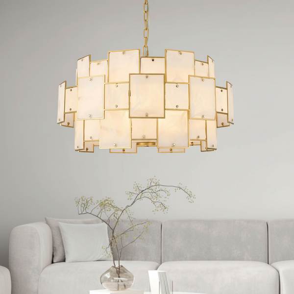 Gold chandelier with rectangular white glass panels