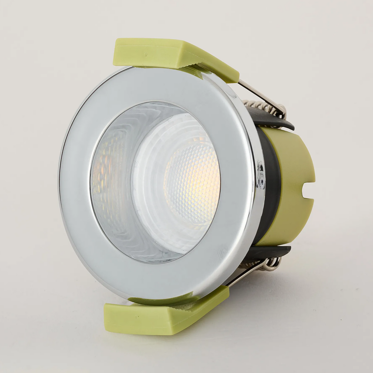 Chrome recessed downlight with cool white light, side view
