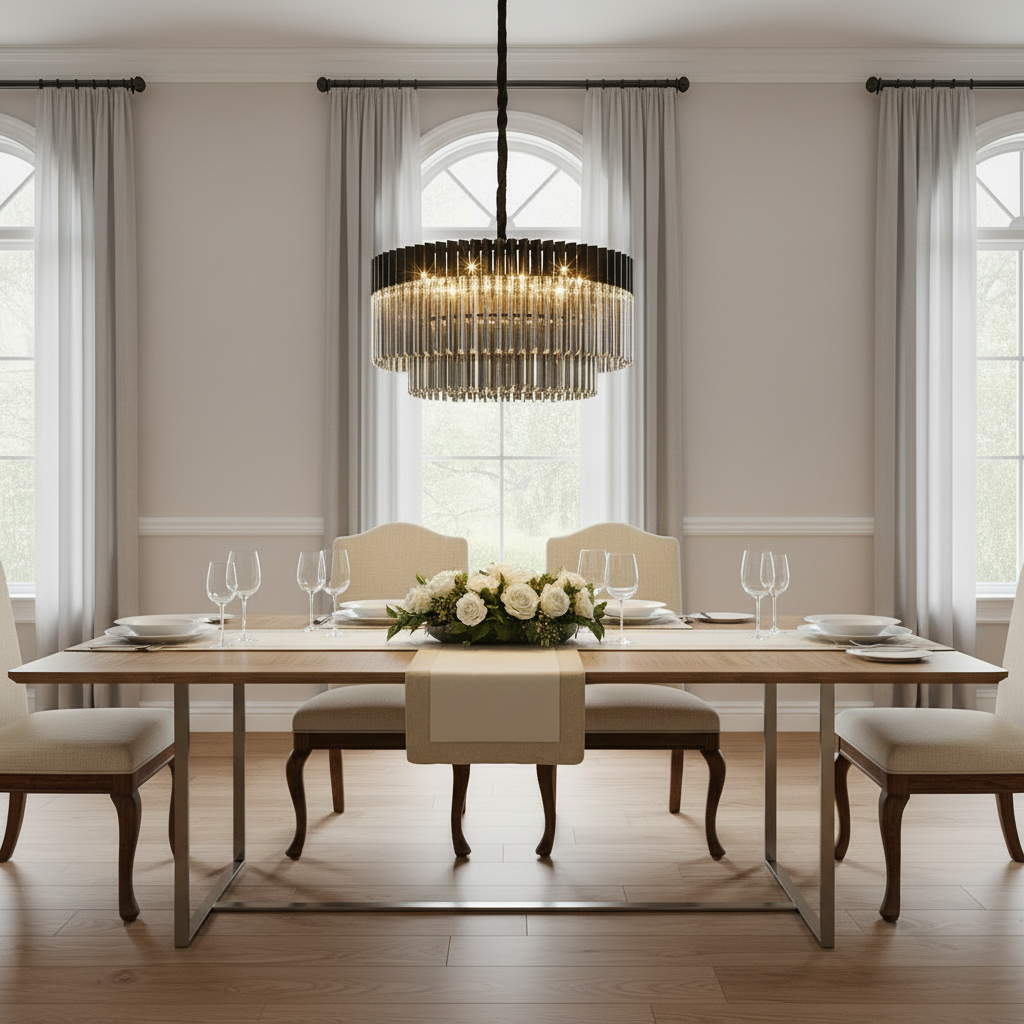 Dining room with a long wooden table, upholstered chairs, and a tiered crystal chandelier