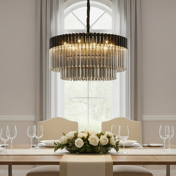 Two-tiered crystal chandelier with a dark metal frame hanging above a dining table set with white roses
