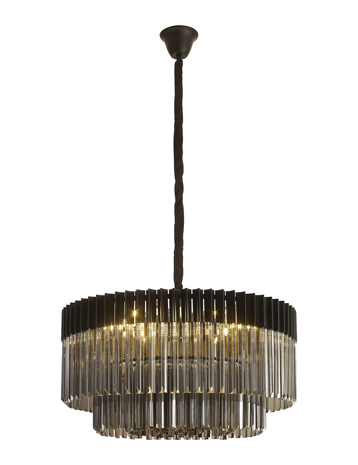 Black chandelier with two tiers of clear glass rods and exposed bulbs