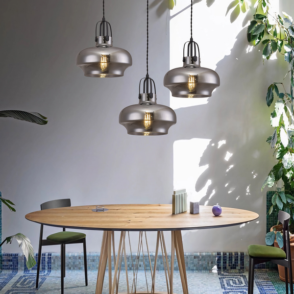 Bedlington Single Drop Pendant in Satin Black with Smoked Plated Glass Shade
