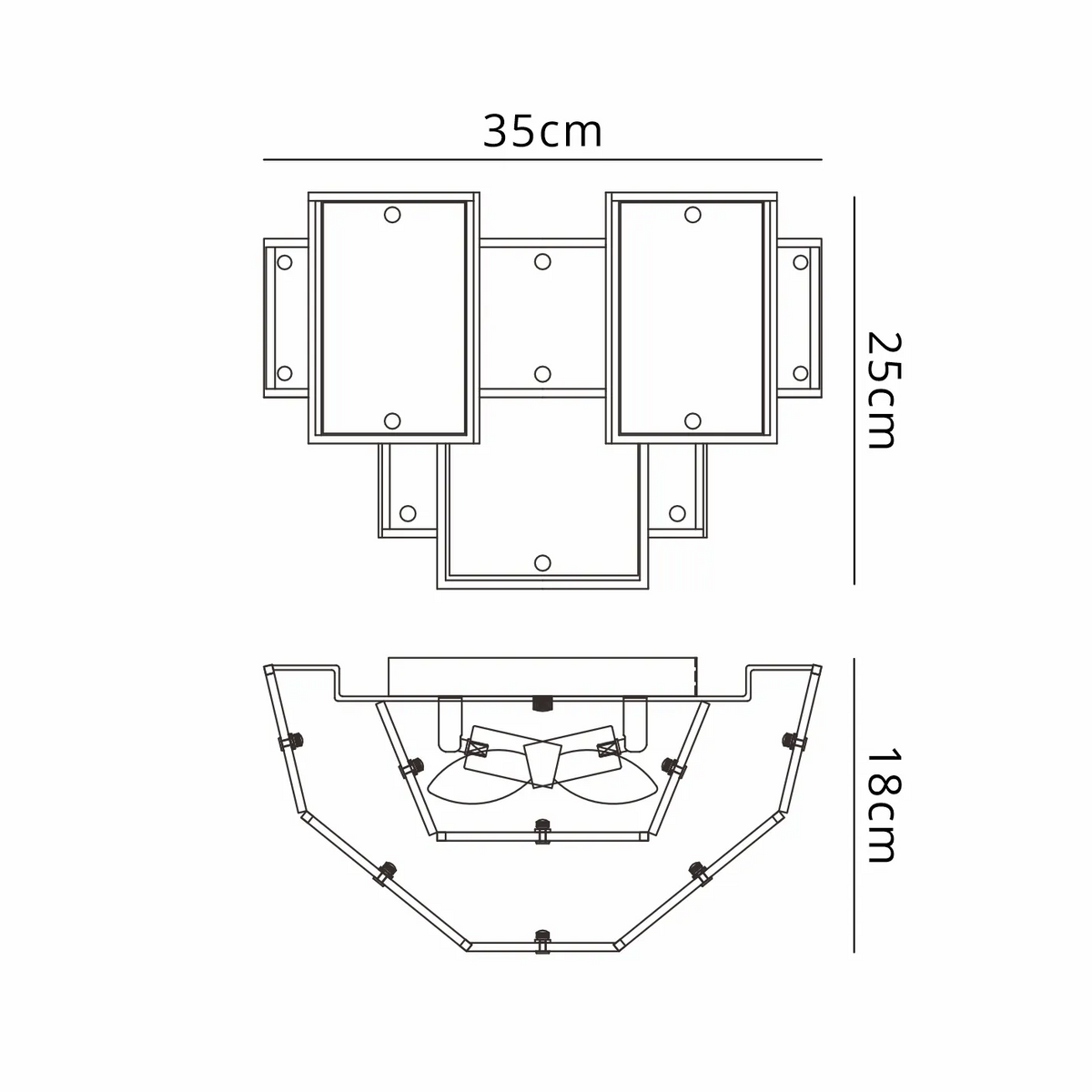 Technical drawing of a wall light with dimensions 35cm width, 25cm height, and 18cm depth