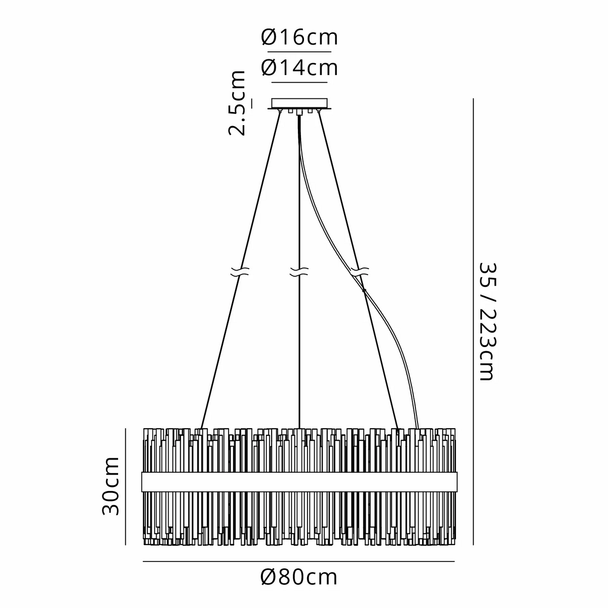 Technical drawing of a chandelier with dimensions: 80cm diameter, 30cm height, 35-223cm total height