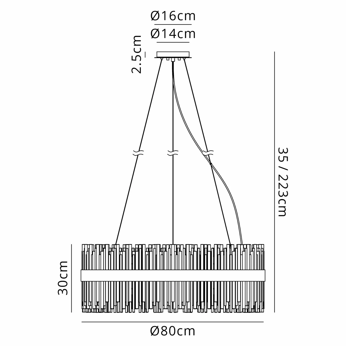 Technical drawing of a chandelier with dimensions: 80cm diameter, 30cm height, and adjustable drop 35-223cm