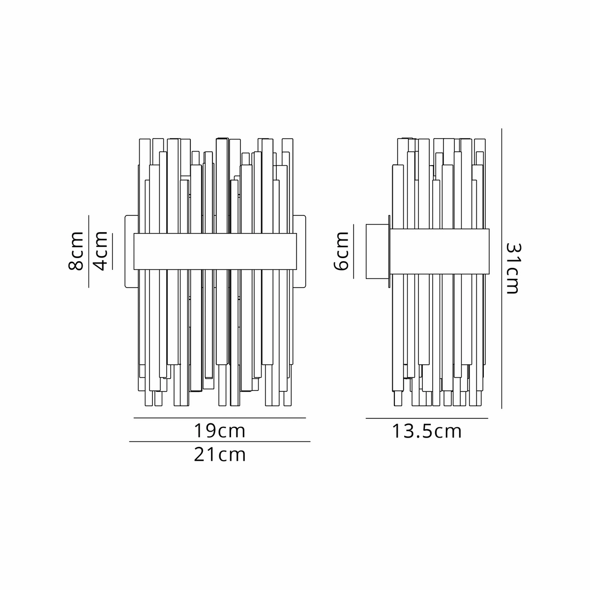 Line drawing of two wall lights with dimensions