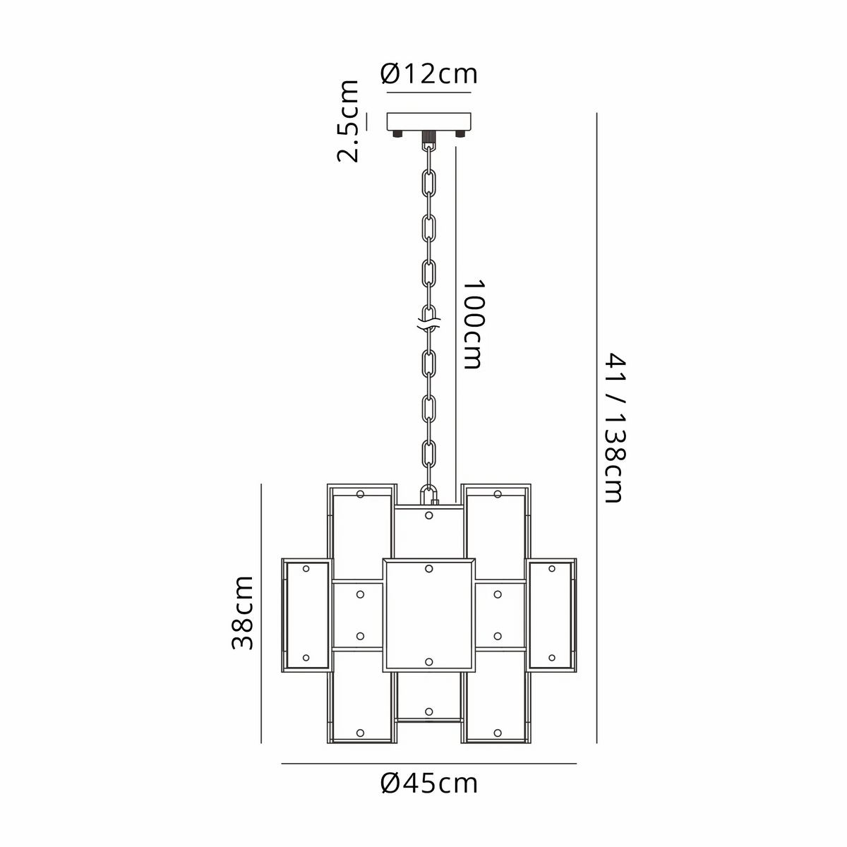 Technical drawing of a chandelier with dimensions: 45cm diameter, 38cm height, 100cm chain, 12cm ceiling plate