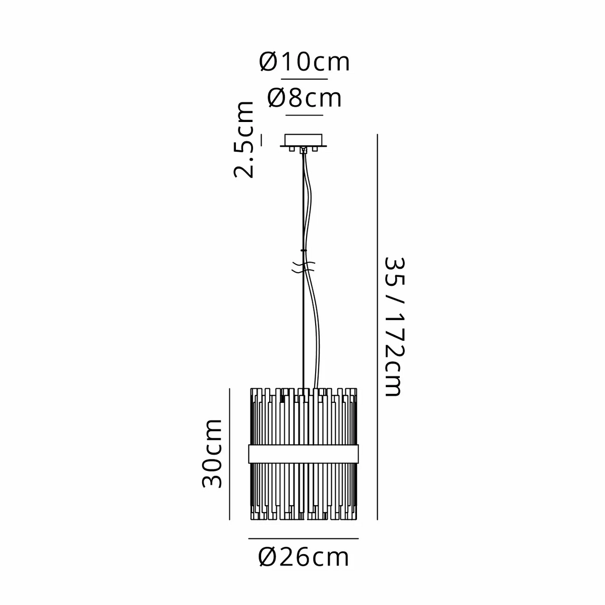 Technical drawing of the pendant light with measurements