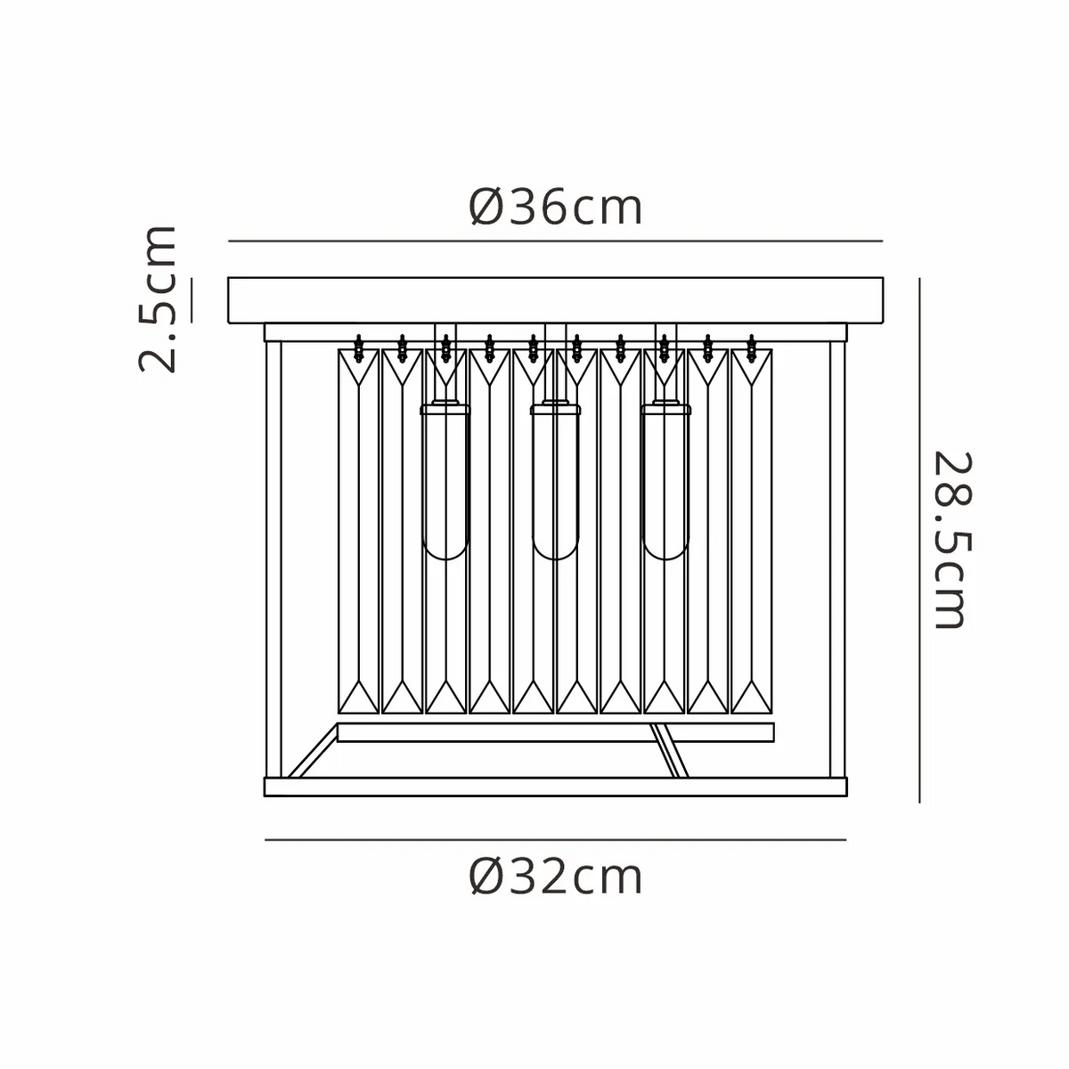 Line drawing of a ceiling light with dimensions 36cm diameter, 28.5cm height, and 32cm base diameter