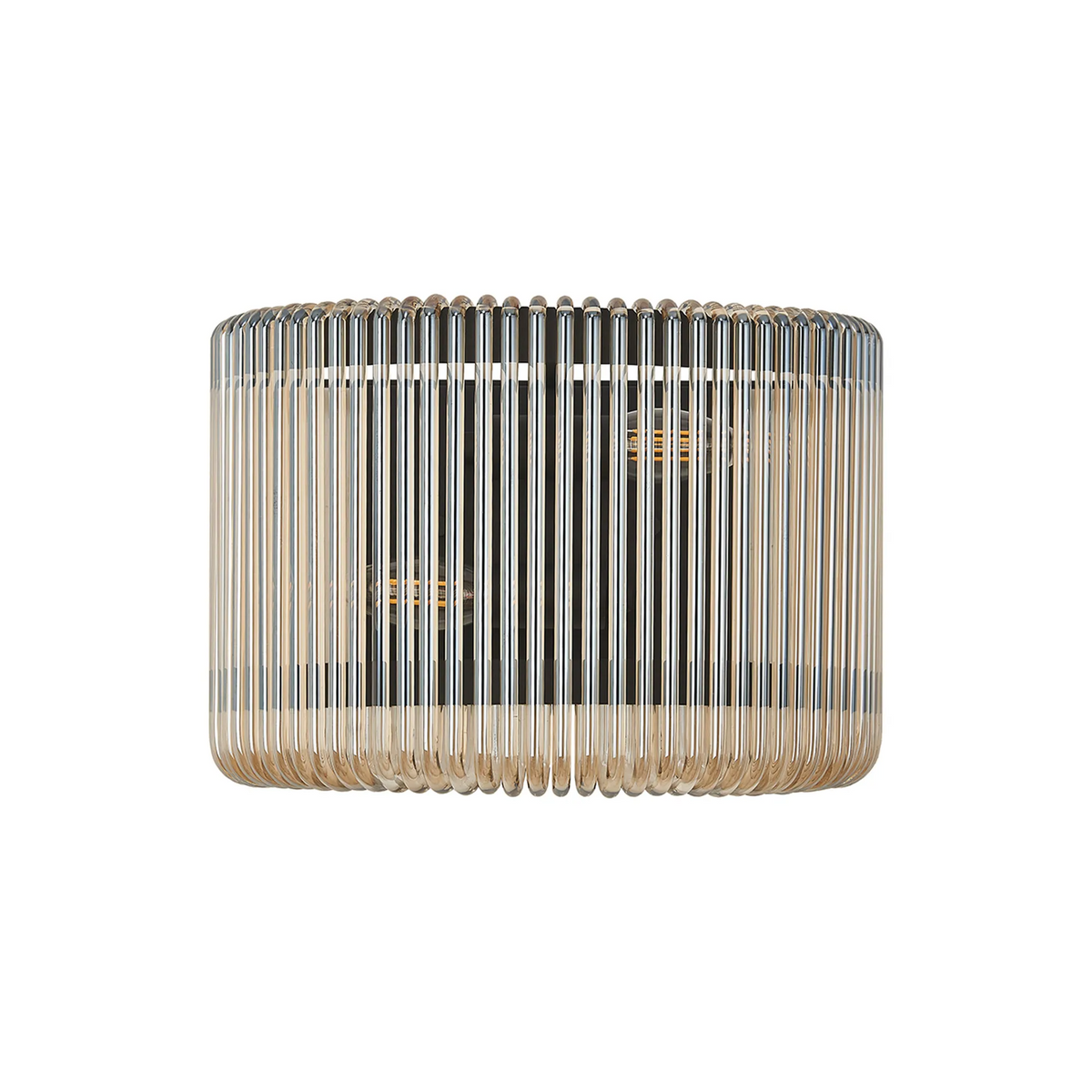 Cylindrical flush mount ceiling light with vertical amber glass rods and black metal frame