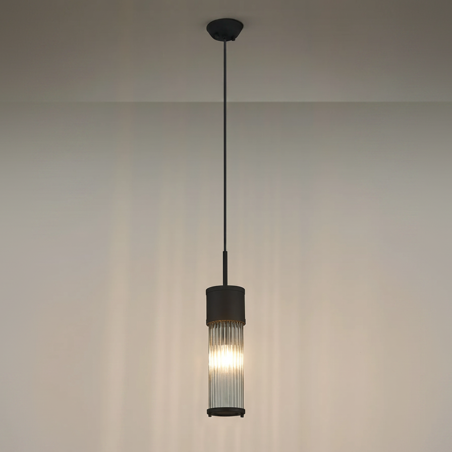 Tansley E14 IP44 Single Drop Pendant in Satin Black with Clear Glass Rods