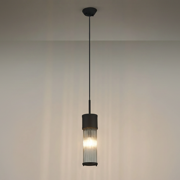 Tansley E14 IP44 Single Drop Pendant in Satin Black with Clear Glass Rods
