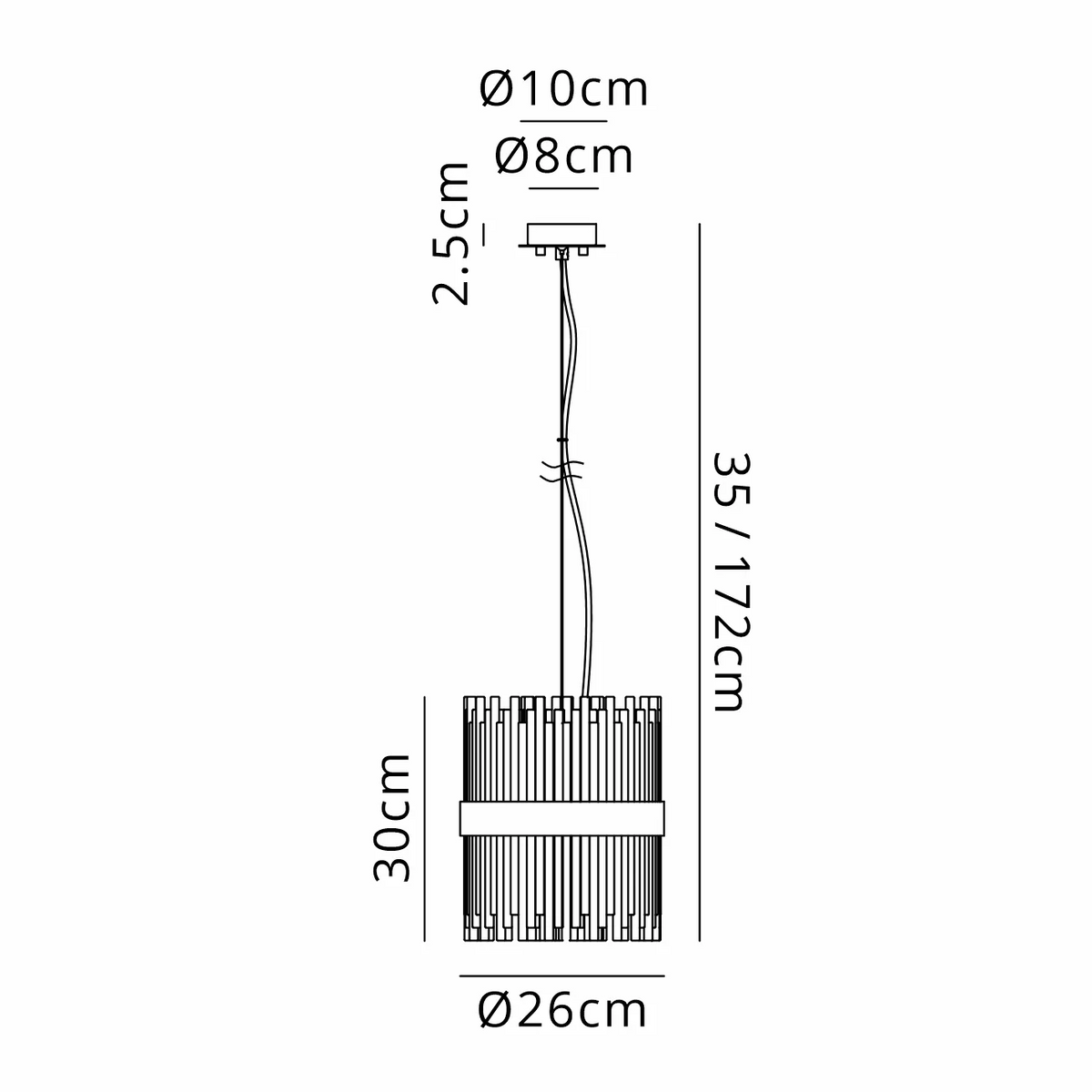 Line drawing of a pendant light with dimensions