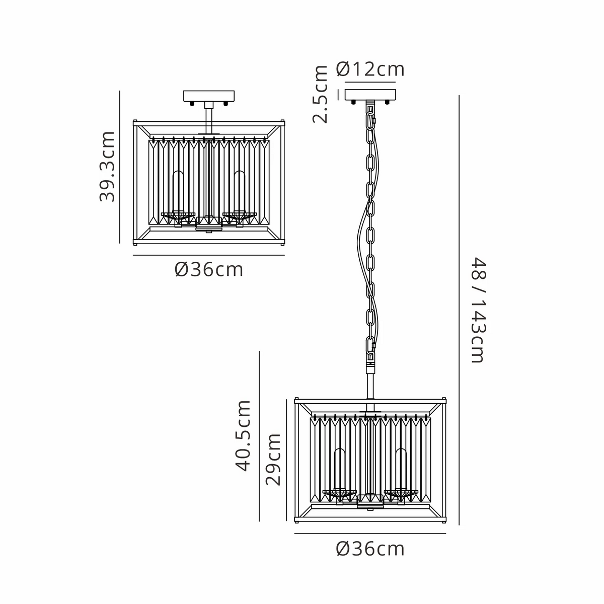 Technical drawing of a rectangular chandelier with dimensions for flush mount and pendant options