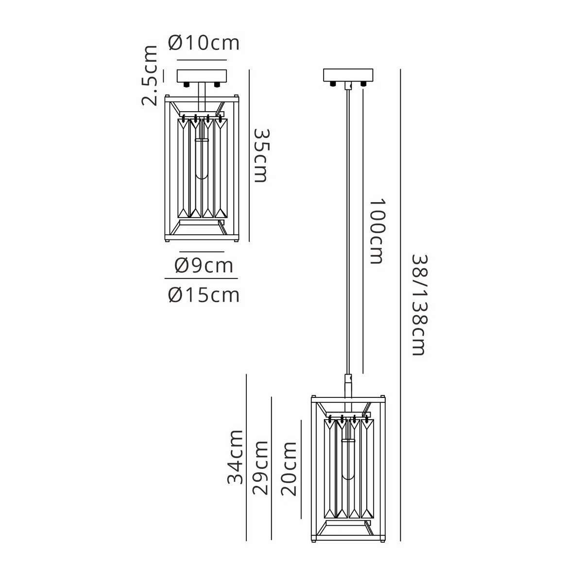 Technical drawing of a pendant light with dimensions. The light has a rectangular cage design with an inner pleated shade