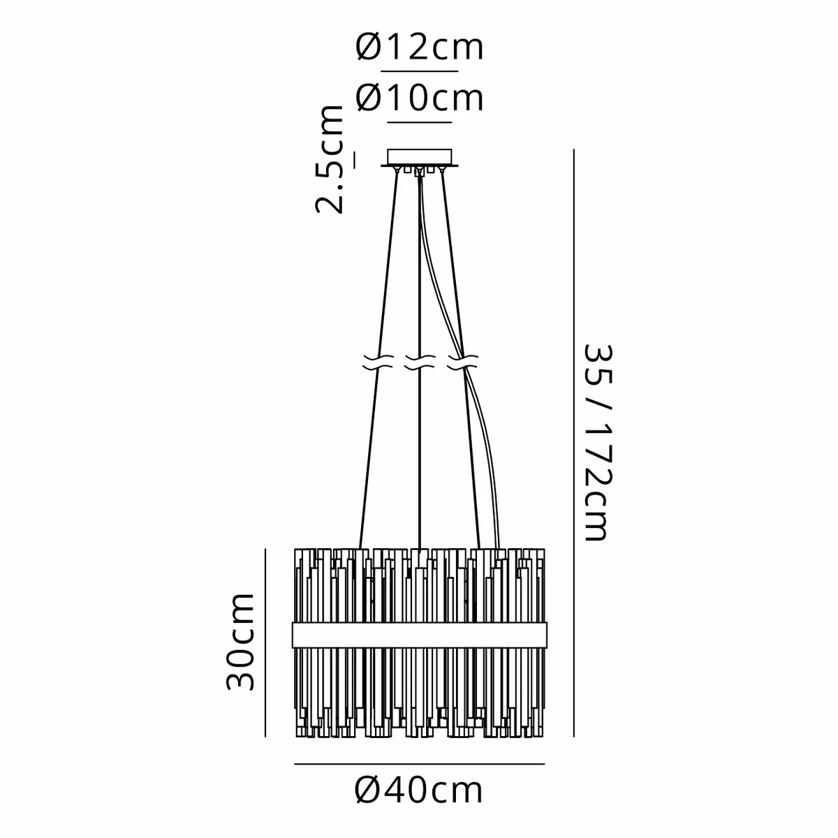 Technical drawing of a chandelier with dimensions: 40cm diameter, 30cm height, 35-172cm adjustable drop