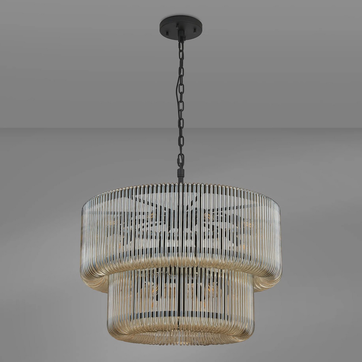 Jevington 780mm Two Tier Pendant or Semi Flush in Black with Smoke Brown Glass