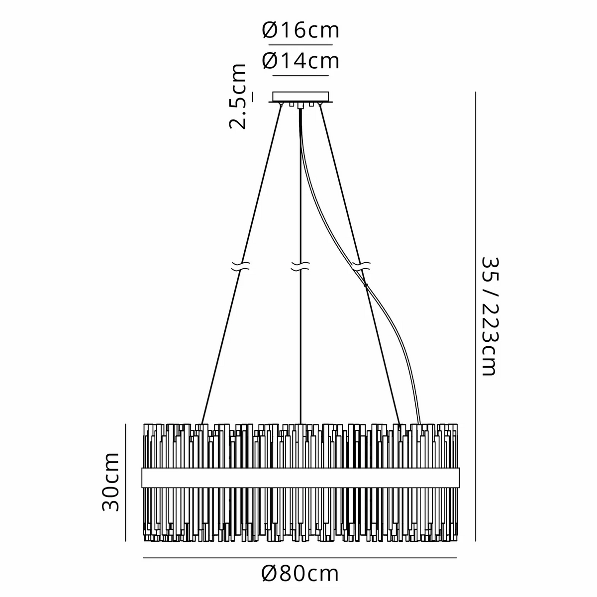 Technical drawing of a chandelier with dimensions: 80cm diameter, 30cm height, 35-223cm adjustable drop