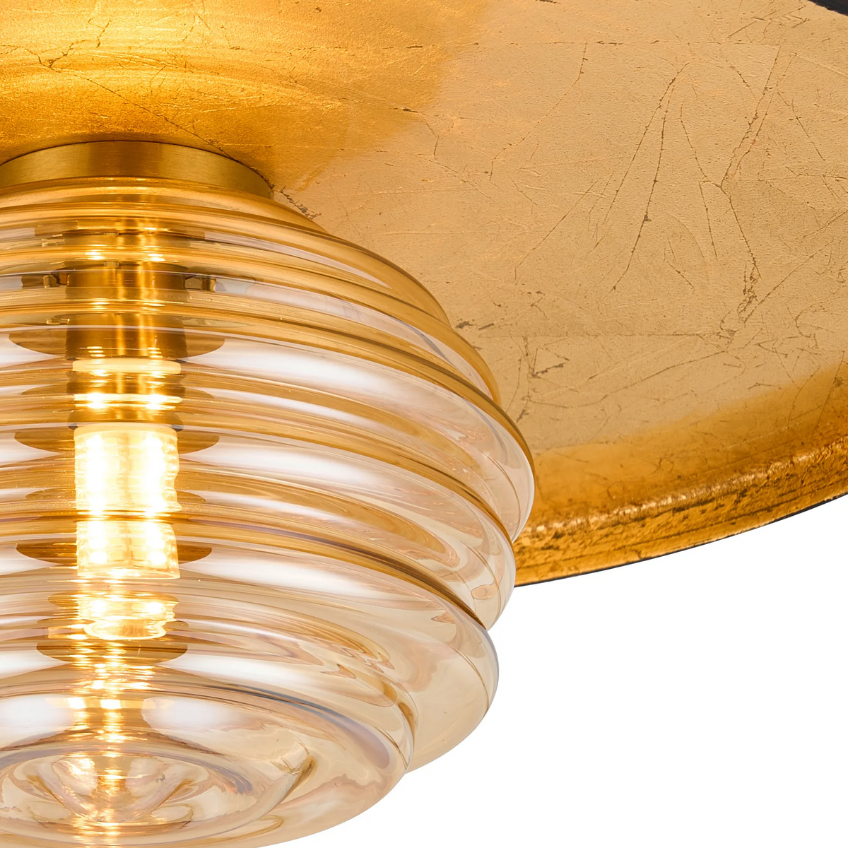 Reston Wall or Ceiling Light in Coffee and Gold Leaf with Amber Rippled Glass Shade