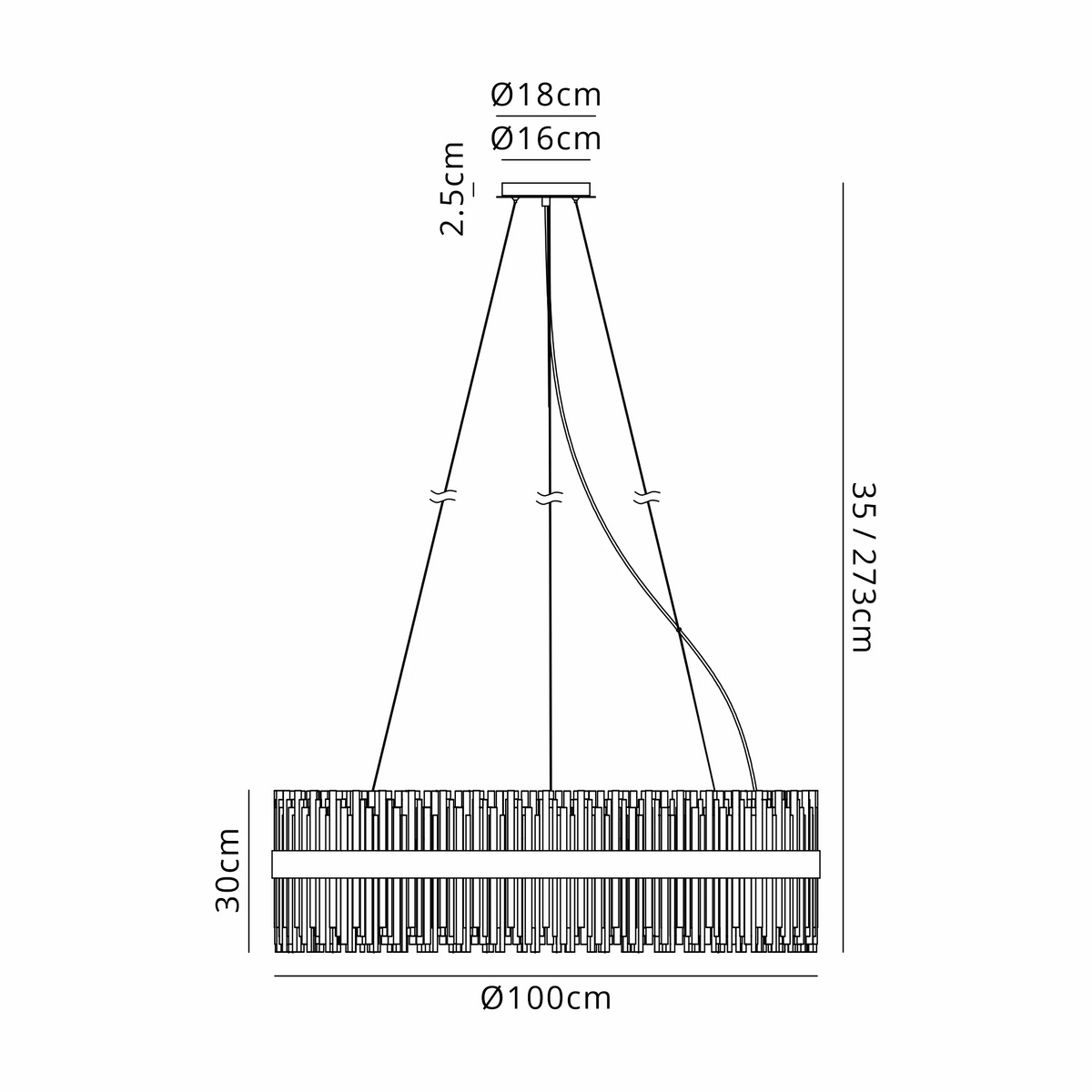 Technical drawing of a chandelier with dimensions. The chandelier is 100cm in diameter and 30cm high