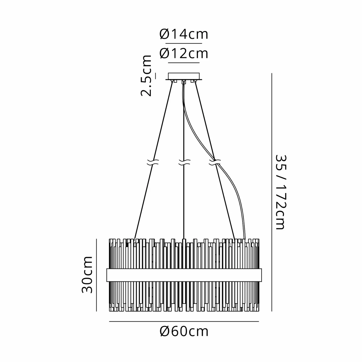 Line drawing of a chandelier with dimensions