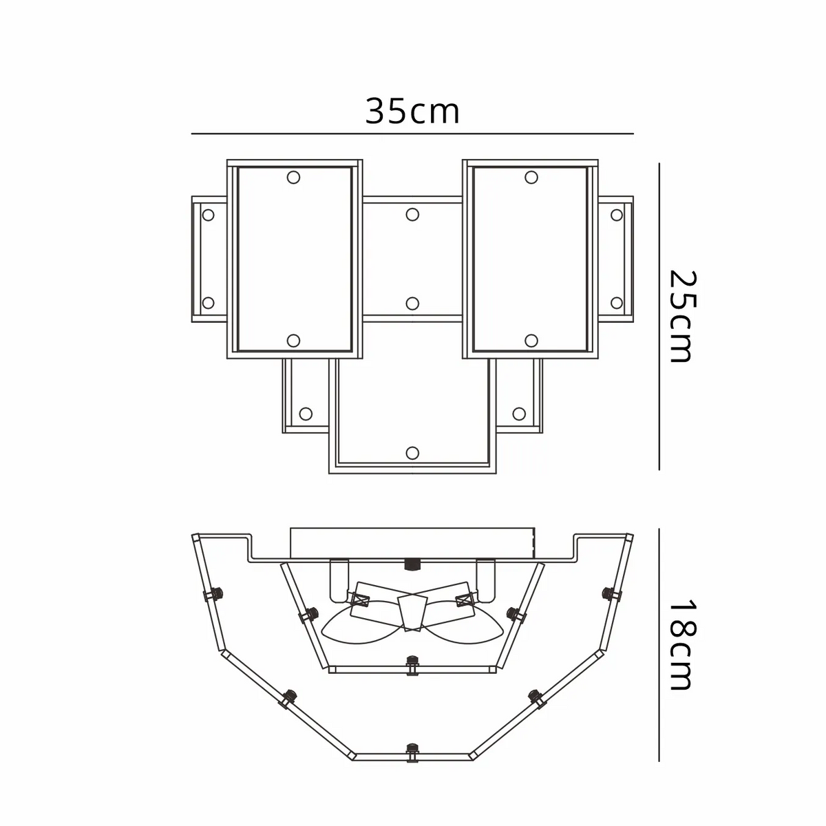 Technical drawing of a wall light with dimensions 35cm width, 25cm height, and 18cm depth