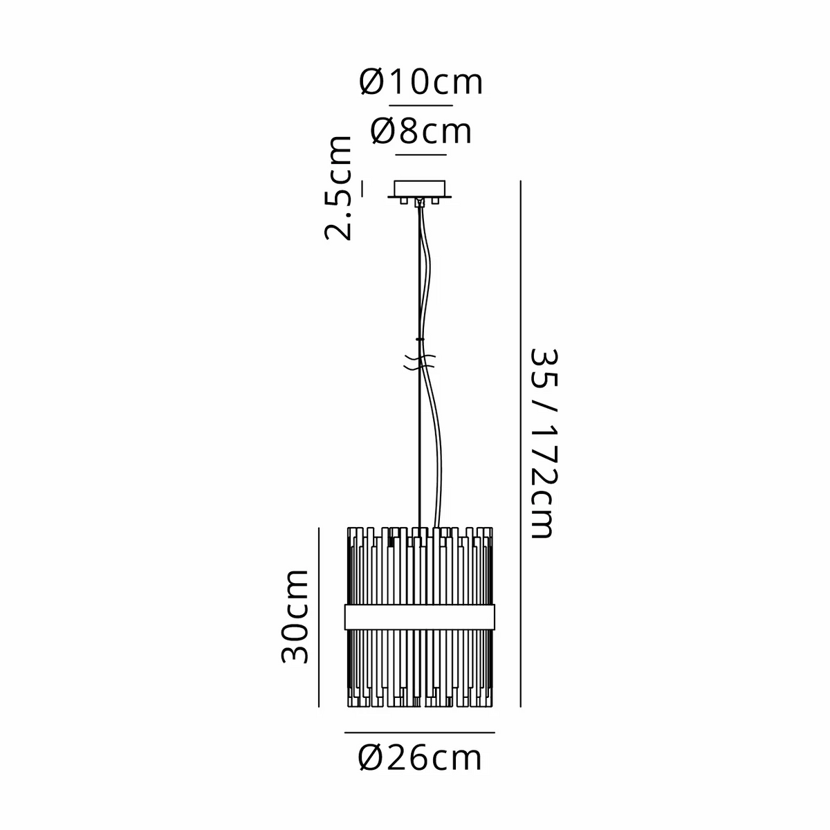 Technical drawing of a pendant light with dimensions: 10cm, 8cm, 2.5cm, 35/172cm, 30cm, 26cm