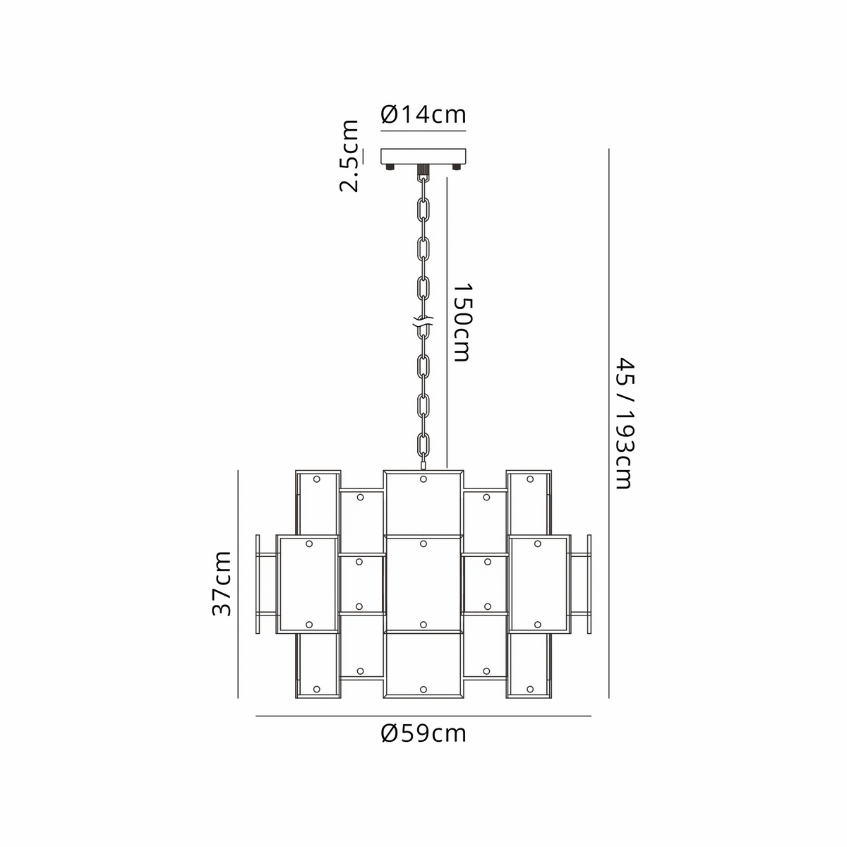 Technical drawing of a chandelier with dimensions
