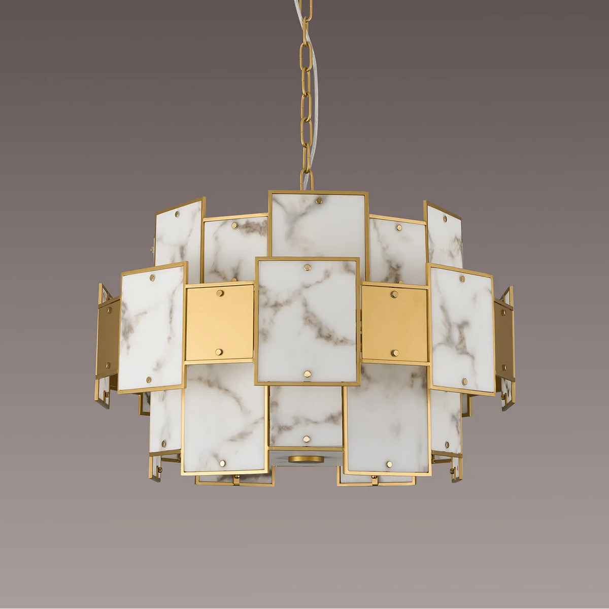 Gold chandelier with rectangular marble and gold panels