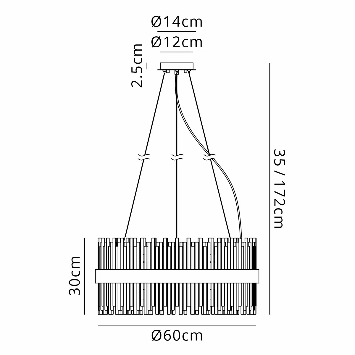 Technical drawing of a chandelier with dimensions
