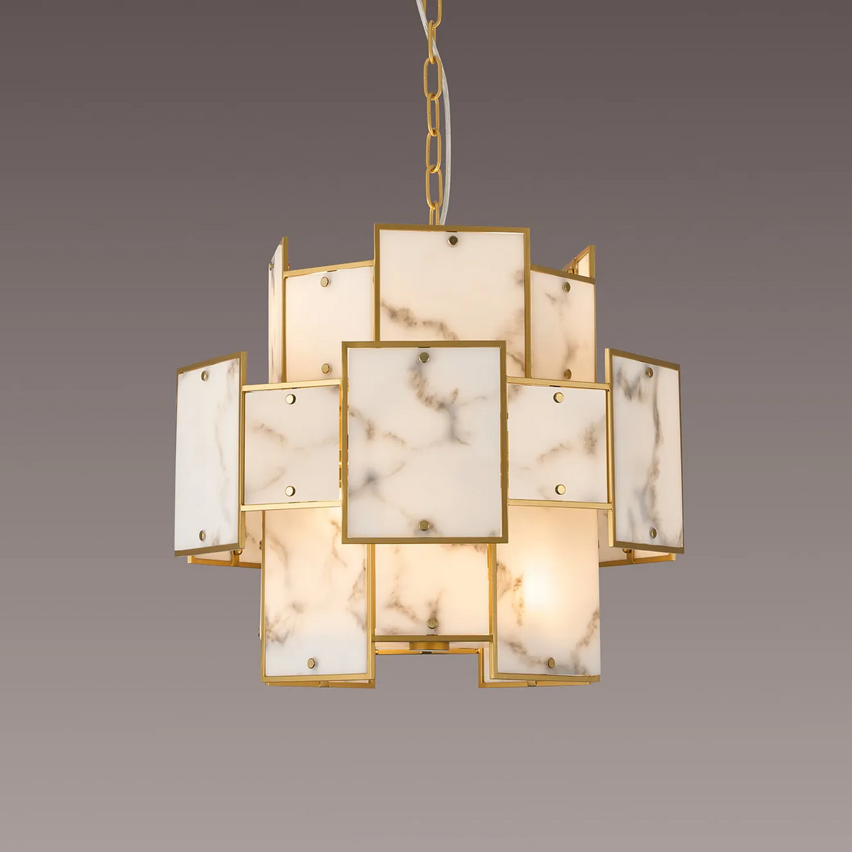 Gold and white marble chandelier with square panels