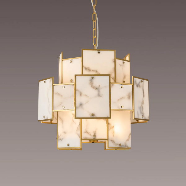 Gold and white marble chandelier with square panels