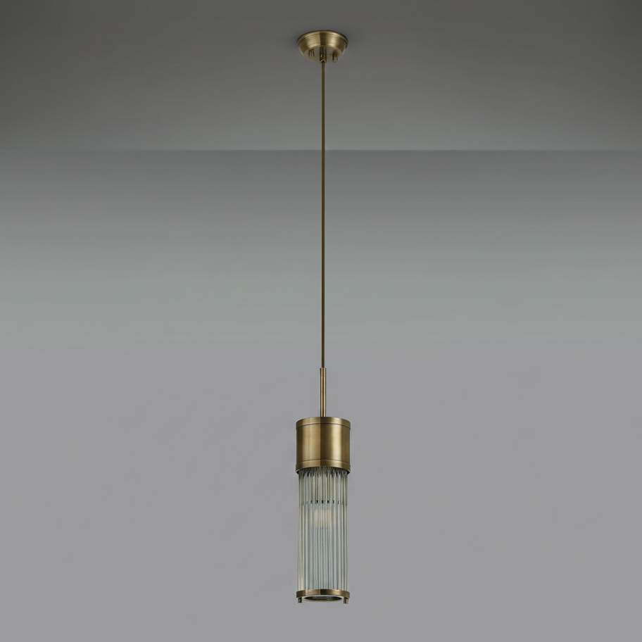 Tansley E14 IP44 Single Drop Pendant in Antique Brass with Clear Glass Rods
