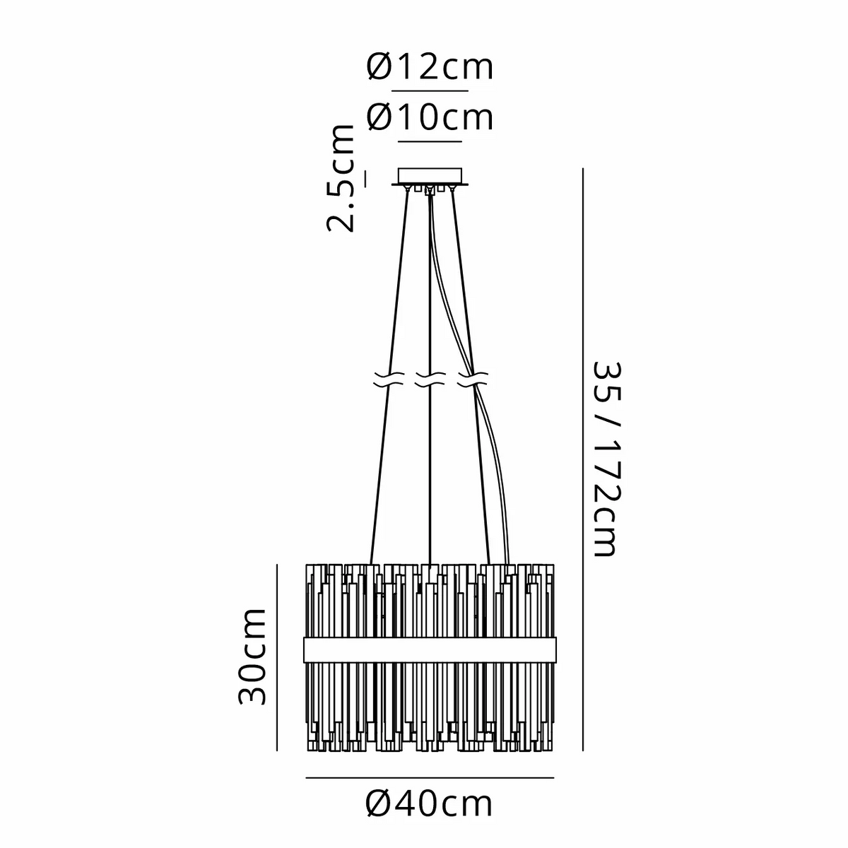 Technical drawing of a chandelier with dimensions: 40cm diameter, 30cm height, 35-172cm adjustable drop
